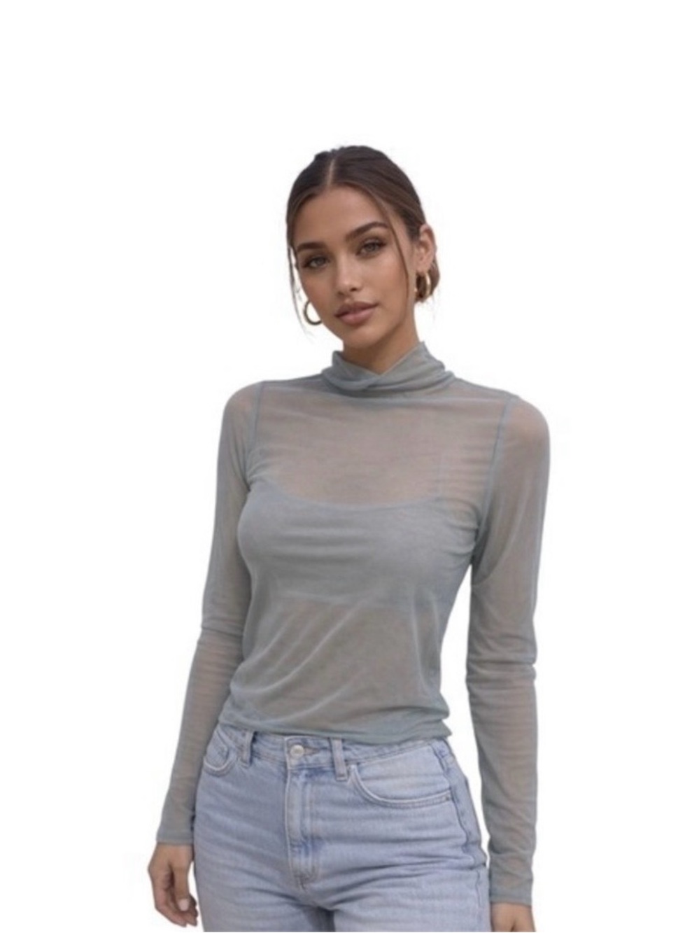 CALIA Draped Funnel Long Sleeve Lightweight Mesh Top